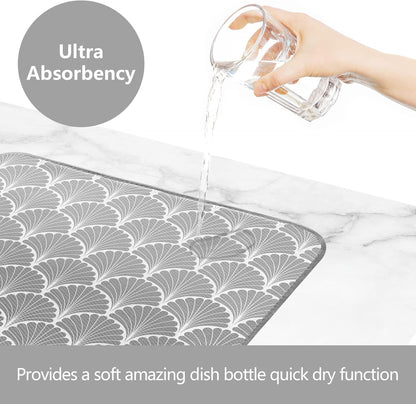SHIYUE Dish Drying Mat for Kitchen Counter Super Absorbent Spring Kitchen Decor Microfiber Drying Matainers Rack Fast Pad Dish Drainer Mats(Grey Shell Geometric,18''x24'')