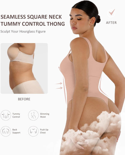 FeelinGirl Bodysuits for Women Seamless Square Neck Tummy Control Compression Thong Shapewear Bodysuit Tank Tops Bodysuit