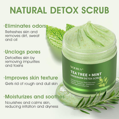 Armpit Detox Scrub with Tea Tree, Mint & Walnut Shell Powder, Underarm Scrub for Removing Odor & Exfoliating, Dark Armpit Remover, Natural Unisex Body Deodorant for Full Body Care 8.11 Oz