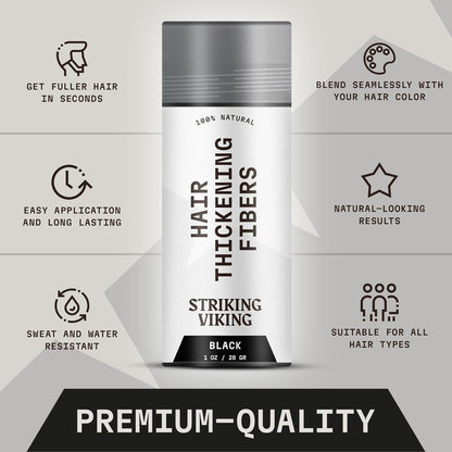 Striking Viking Hair Building Fibers - 28g, Black - Fuller Look Thinning Hair Fibers - Bald Spot Concealer & Barber Enhancement - Clump-Proof Powder & Hold Spray