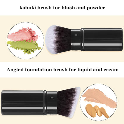Makeup Brush 2 Pack, Retractable Travel Kabuki Powder Makeup Brush, Foundation Face Blush Brushes for Blending Liquid, Blush, Bronzer, Buffing, Sunscreen,Flawless Cosmetics