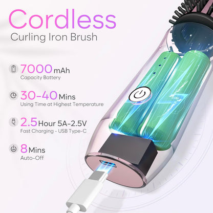 Cordless Curling Iron Brush, 3-in-1 Portable Curling Iron, 2024 New Hair Straightener Comb, 7000Mah USB Rechargeable Travel Hair Curler for Women, Pink