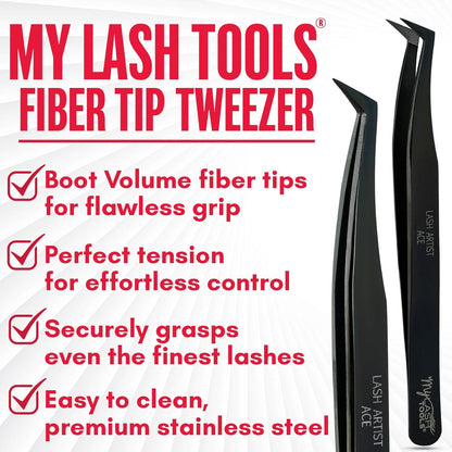 Mega Boot Volume Fiber Tip Lash Tweezer – LASH ARTIST ACE, Professional Eyelash Extension Tweezers, Precision Fan Making, Plain Grip (Black)