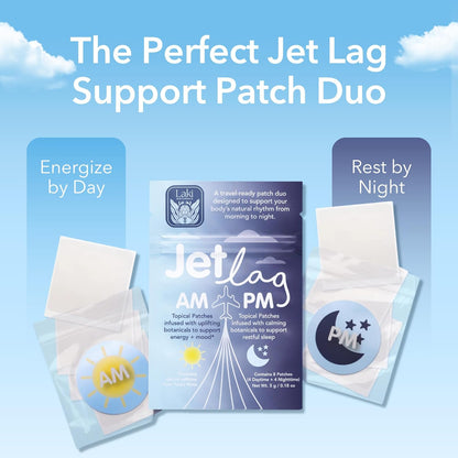 Jet Lag AM & PM Travel Patches – Natural Day & Night Support for Travelers – Energy, Focus & Restful Sleep – with B12, Rhodiola, Valerian, Lemon Balm, Lavender & More – 8 Topical Patches