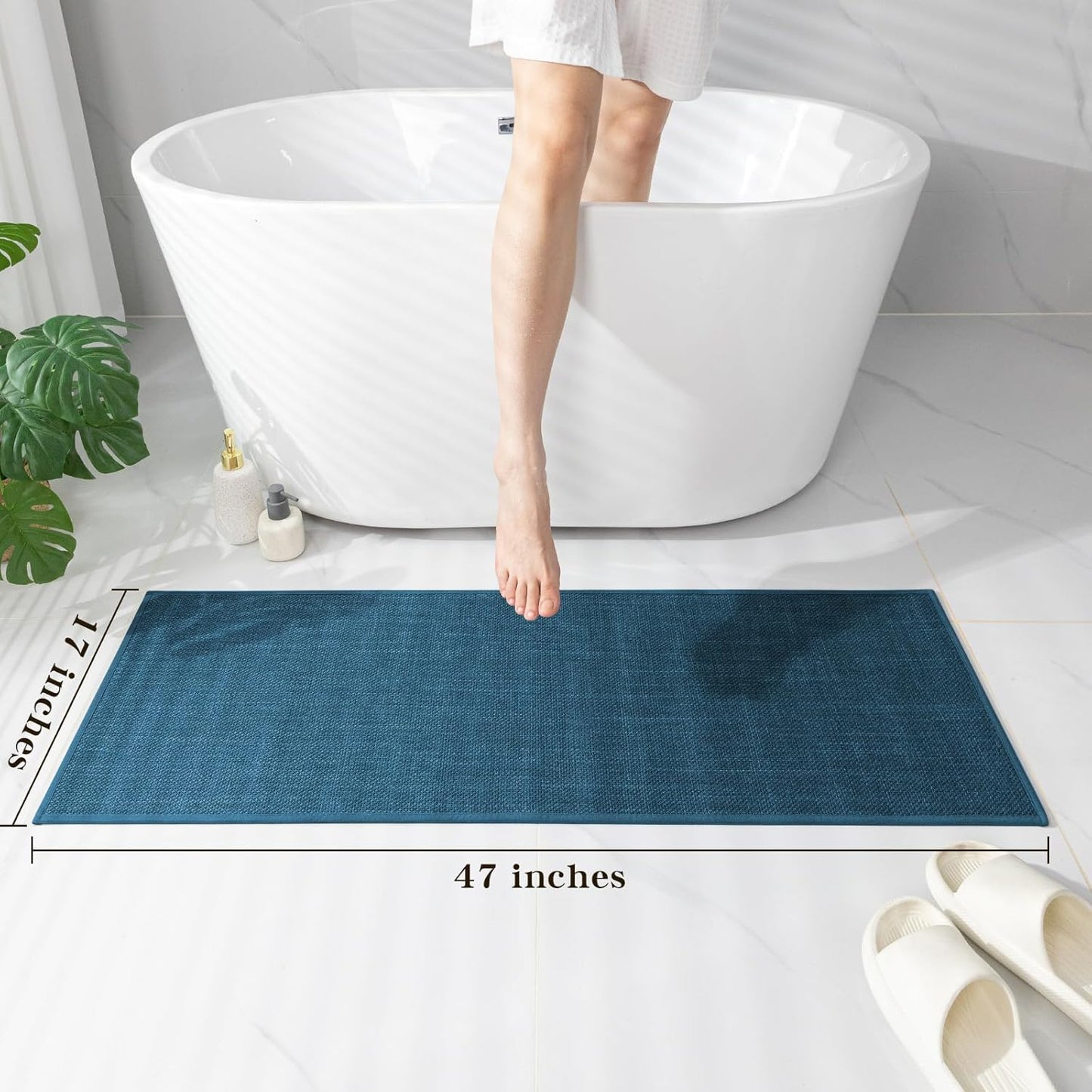 chakme Bathroom Rugs Mat 47x17, Ultra Thin Bath Rug Non Slip Runner Quick Dry Absorbent Bath Mat for Bathroom, (Dark Blue, 47"x17")