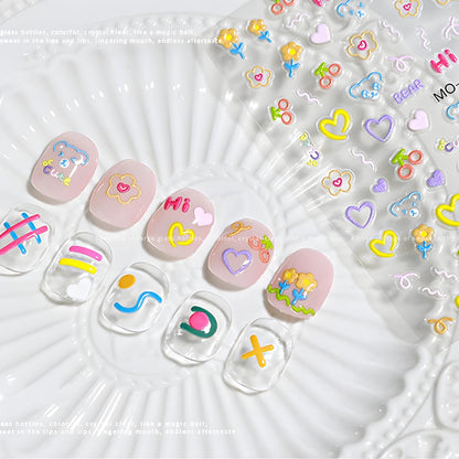 3 Sheets Valentine's Nail Stickers - 5D Embossed Heart Nail Decals for Valentine's Day - Cute Colorful Heart Design for Women & Girls