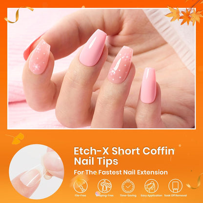 Beetles Gel Nail Tips Short Coffin Pre-Etched Nail Tips, 12 Sizes 288 Pcs Full Cover Soft Tips Half Matte False Nails Clear Acrylic Glue on Nails Extension DIY Manicure Gifts for Women