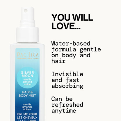Pacifica Hair Perfume & Body Fragrance Spray Mist - Silver Moon with Vanilla, Almond & Spice – Alcohol-Free, Vegan & Cruelty-Free, 6.5 oz