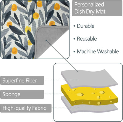 SHIYUE Dish Drying Mat for Kitchen Counter Super Absorbent Spring Kitchen Decor Microfiber Drying Matainers Rack Fast Pad Dish Drainer Mats(Watercolor Leaves,16''x18'')