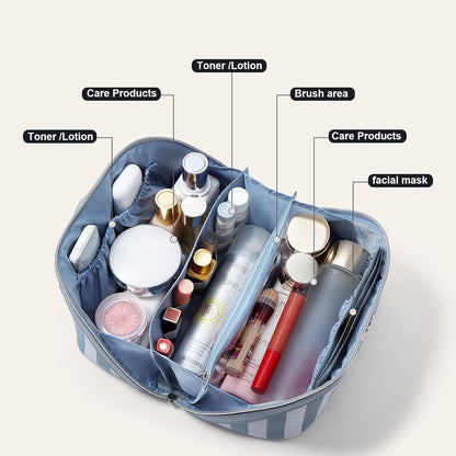 BOYATU Travel Makeup Bag for Women: Large Cosmetic Bag Set of 3 - PU Leather Make up Bag with Compartments - Compact Waterproof Toiletry Bag with Divider & Handle (A-02Blue)