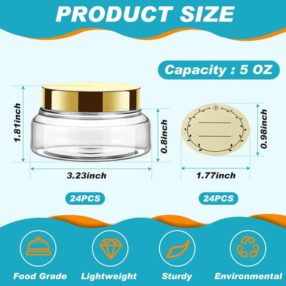 Tessco 24 Pack Plastic Jars with Lids Labels Empty Clear Plastic Jars Round Refillable Cosmetic Containers Body Butter Containers Bulk Sugar Scrub Bottle for Make Up(5 oz,Gold)