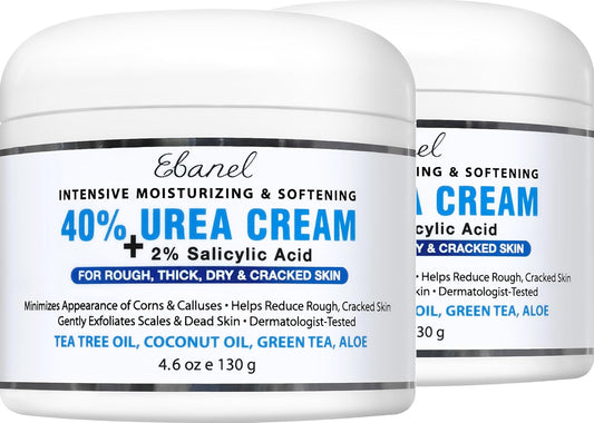 Ebanel Urea Cream 40% plus Salicylic Acid 2%, Foot Cream for Dry Cracked Heels Feet Knees Elbows Hands, Foot Dead Skin Cuticle Callus Remover Toenail Softener, Keratolytic Skin Barrier Repair, 2-Pack