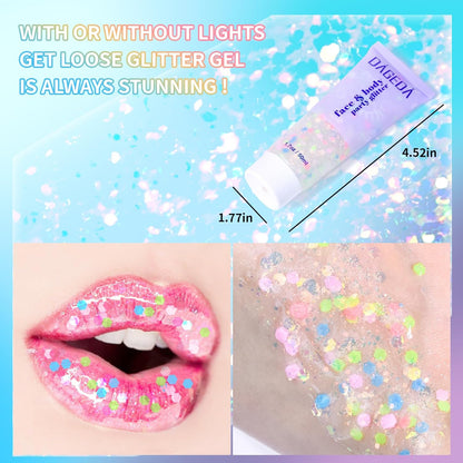 DAGEDA Rainbow Body Glitter Gel, Face Glitter for Pride Day Makeup Sequins Shimmer Eyeshadow, Chunky Glitter for Face Hair, Holographic Cosmetic Laser Powder Festival Glitter Makeup1.7oz (Candy Color)
