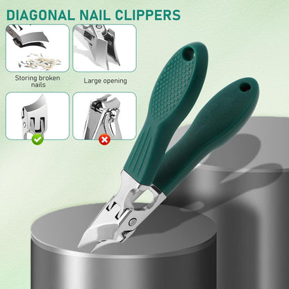 Eagle Beak Beveled Nail Clippers, Upgrade Stainless Steel Wide Jaw Opening Anti-Splash Nail Clipper Set of 3-Piece, Long Handle Angled Nail Clipper for Ingrown & Thick Nail for Men Women (Green)