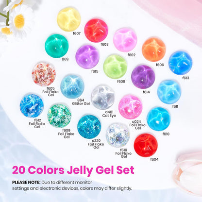 Beetles Jelly Gel Nail Polish Kit,20 Colors Neon Cat Eye Glitter Soak Off UV LED Gel Nail Kit Pink Orange Blue with Base Matte Top Coat for DIY Nail Art Sunbeam Jelly Gift for Women