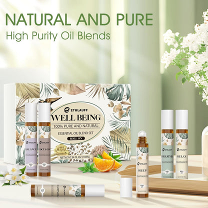 Essential Oils Roll On Set 6 Pack - (Relax, Sleep, Balance,Breathe, Focus on, Happiness) Aromatherapy Oil with Roller Ball, Essential Oils Blends for Skin - Relaxation Gift for Women and Men