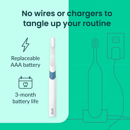 Quip Plastic Sonic Electric Toothbrush for Adults - Time Travel & Soft Bristles with Travel Case & Replacement Brush Head - 3 Month Battery Life - Marine Blue
