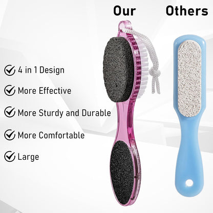 Pumice Stone Brush for Feet 4 in 1, Foot File Callus Remover, Foot Rasp and Sand Paper Pedicure Tools with Handle, Shower Foot Scrubber, Soft Smooth Feet for Home Foot Care,2 Pack