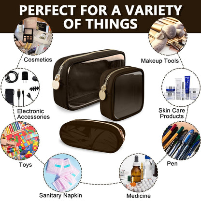 Clear Mini Makeup Bag for Purse, Small Nylon&PVC Cosmetic Travel Bag TSA Approved Toiletry Bag with Zipper, Preppy Transparent Makeup Travel Bag Coin Purse for Women Men Girls(Mini-Chocolate)