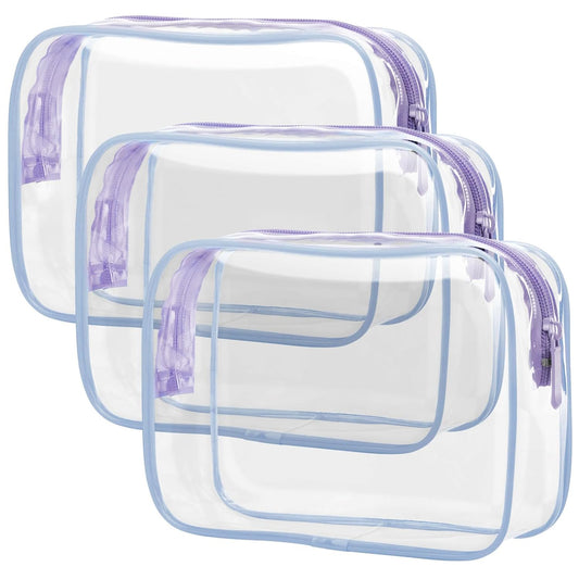 PACKISM Clear Toiletry Bag - 3 Pack Quart Size TSA Approved Toiletry Bag, Travel Makeup Cosmetic Bag for Women Men, Carry on Airport Airline Compliant Bag, Purple