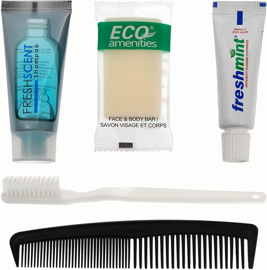 Moda West 96 Hygiene Kits - Bulk Case Wholesale Deluxe Toiletries for Men, Women, Travel, Charity, Includes Shampoo, Deodorant, Toothpaste, Razor, More, Homeless Shelters, Donations, Hotels, Travel