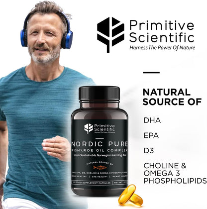 Nordic Pure Fish Roe Oil Complex (60 Fish Oil Capsules) for Brain, Immunity & Vision - Heart Supplement w/EPA, DHA, Vitamin D3, Choline - Fish Oil Omega 3 Supplements