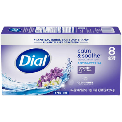Dial Antibacterial Bar Soap, Calm & Soothe, Lavender & Jasmine Scent, 4 oz, 8 Bars Pack of 4