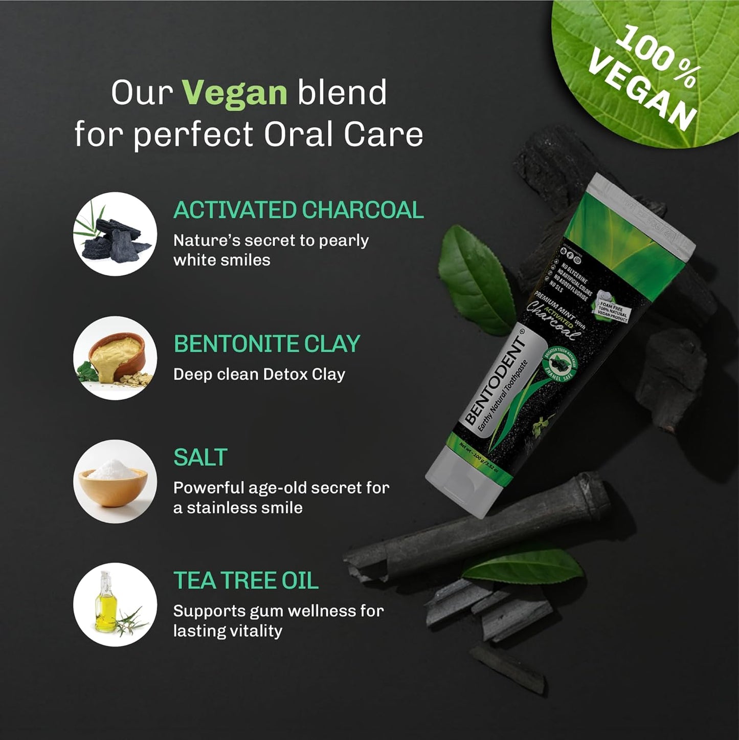 BENTODENT TOOTHPASTE Teeth Whitening Bentonite Clay & Activated Charcoal Toothpaste - Natural Teeth Whitening Toothpaste, No Fluoride & No SLS Vegan, 3.52 oz