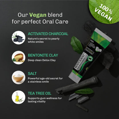 BENTODENT Fluoride Free Organic Charcoal Toothpaste with Bentonite Clay for Teeth Whitening- Natural Sensitive Teeth Whitening Toothpaste, Vegan, Travel