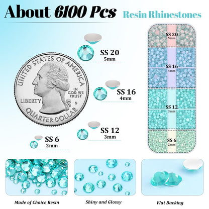 6100Pcs Resin Rhinestones for Crafting with 2Pcs 10ml B7000 Jewelry Glue, 1 Box Flatback Crystals Diamond (Aquamarine) for Bedazzling Crafts DIY Nail Art，Non Hotfix Gems for Clothing Shoes Tumblers