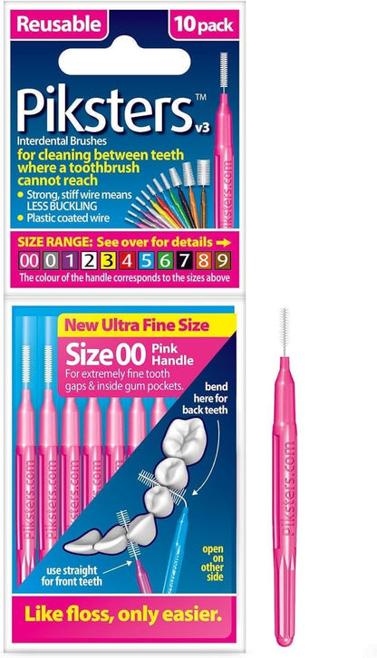 Piksters Interdental Brushes, 10 pk, Size 00, Interdental Brush for Extremely Fine Gaps, Gum Soft Bristles for Plaque Removal, Safe for Braces