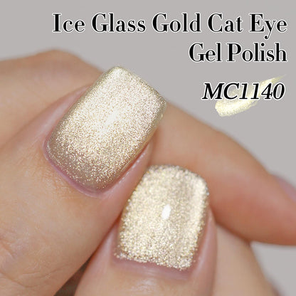 Double Rhythm Cat Eye Gel Polish with Magnet 15ML Ice Glass Holographic Glitter Shimmer Translucent Sheer Color Salon Soak Off Magnetic at Home (Gold-MC1140)