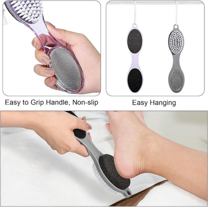 Pumice Stone Brush for Feet 4 in 1, Foot File Callus Remover, Foot Rasp and Sand Paper Pedicure Tools with Handle, Shower Foot Scrubber, Soft Smooth Feet for Home Foot Care,2 Pack
