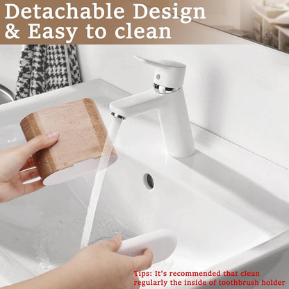 Toothbrush and Toothpaste Holder with Divider for Bathroom Countertop Organizer, 2 Slots Electric Toothbrush Holders Storage Caddy Drainage for Family, Kids(Wood Grain)