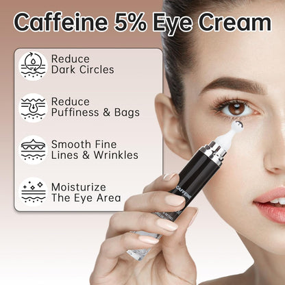 Caffeine 5% Eye Cream for Dark Circles, Under Eye Cream for Puffiness, Bags & Wrinkles, 2 PCS Anti Aging Eye Serum with Under Eye Roller, Reduces Fine Lines & Moisturize Skin.