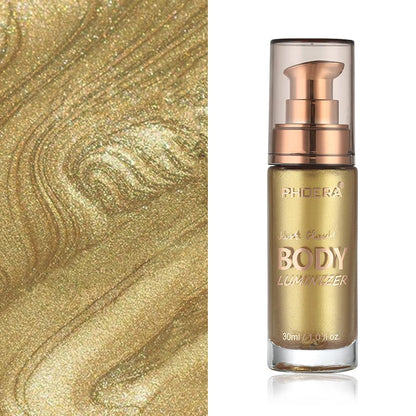 Body Shimmer Oil, Metallic Gold Natural Glow Luminizer, Long Lasting Waterproof Moisturizing Liquid Illuminator Highlighter Makeup for a Sun-Kissed Glow, Brush Include, 1oz, Light