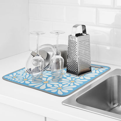 SHIYUE Dish Drying Mat for Kitchen Counter Super Absorbent Spring Kitchen Decor Microfiber Drying Matainers Rack Fast Pad Dish Drainer Mats(Sky Blue Flower,16''x18'')