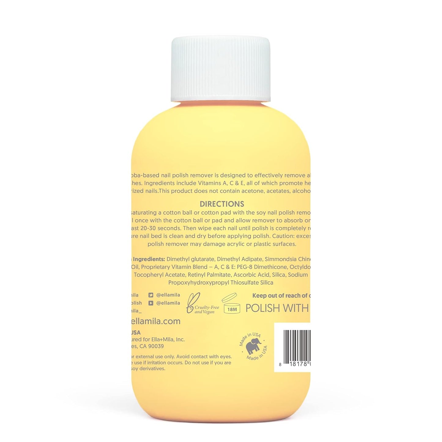 ella+mila Jojoba Nail Polish Remover Non-Acetone Nail Polish Remover - Non-Toxic Fingernail Polish Remover - Enriched With Jojoba oil & Vitamins (4 fl oz) Yellow