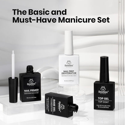 Beetles 4Pcs Gel Top Coat and Base Coat with Nail Dehydrator and Primer Set - Acid-Free & Hema-Free Nail Bond for Gel Polish & Acrylic Nails, Long-Lasting for Professional Manicure Prep Kit