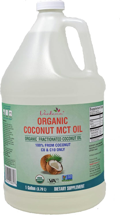 Verdana USDA Certified Organic Coconut MCT Oil –Fractionated Coconut Oil – No Palm Kernel Used – Kosher, Food Grade, Non-GMO – Great for Keto and Paleo Diets, Oil Pulling Rinse Mouthwash – 1Gallon