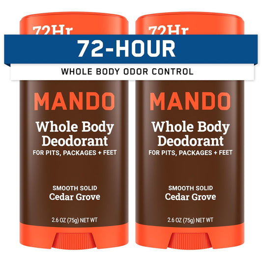 Mando Whole Body Deodorant For Men - Smooth Solid Stick - 72 Hour Odor Control - Aluminum Free, Baking Soda Free, Skin Safe - 2.6 Ounce (Pack of 2) - Cedar Grove