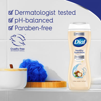 Dial Body Wash, Healthy Hydration, Shea Butter Extract + Vitamin E, 16 fl oz (Pack of 4), Gentle, Leaves Skin Feeling Soft In 1 Shower, Dermatologist-Tested, No Parabens & Silicones