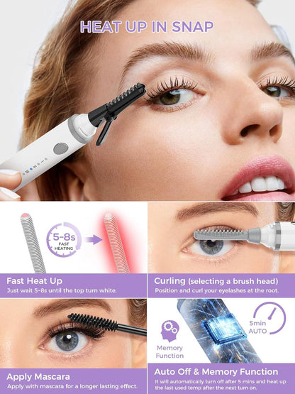 Smiling Shark Heated Eyelash Curler, 2025 New 360°Wand-Style Heated Lash Brush Rechargeable with 3 Brush Heads & 3 Temp 【Lengthen/Define/Curler】 3-in-1 Lash Curler for All Types of Lashes, White