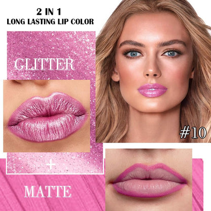 evpct Light Rose Pink Metallic Glitter Lip Liner and Lipstick Combo Lip Gloss Stain Set Makeup for Women Long Lasting Waterproof 24, Pink Metallic Shimmer Frosted Iridescent Shiny Liquid Lipstick 10
