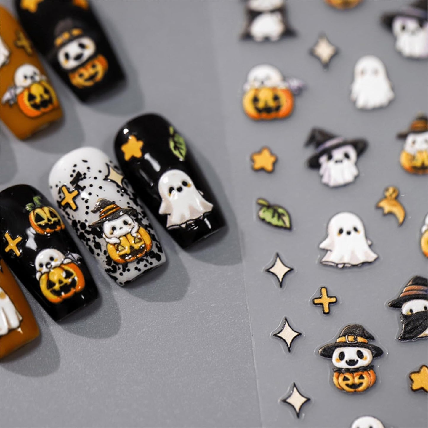 Embossed 5D Halloween Nail Stickers - Cute Ghost & Pumpkin Designs, Self-Adhesive Halloween Nail Decals for Women & Girls 2 Sheets