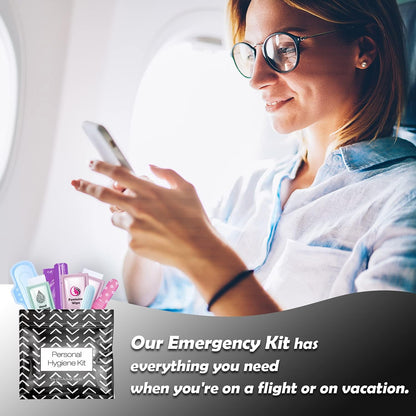 30 x Menstrual All-in-One Kits - Assorted Colors | Convenience on The Go | Single Period Kit Packs | Individually Wrapped Feminine Hygiene Products (Black Treads/Blue Forest/Green Ferns)