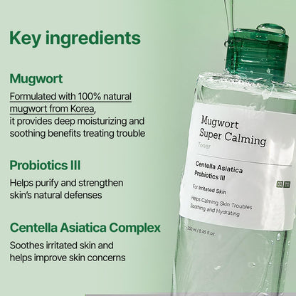 Mugwort Super Calming Toner - Korean Hydrating Toner for face, Purifying Mugwort Essence, Soothing, Calming, Refreshing Facial Toner for Oily, Dry, and Sensitive Skin, Daily Skin Care, 8.45 fl.oz