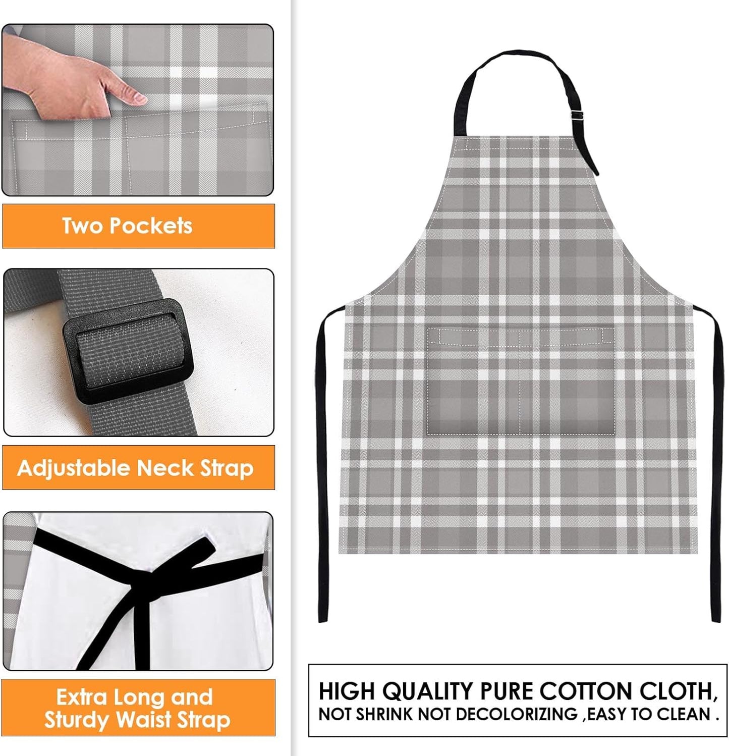 Britimes 2 Pack Aprons, Plaid Grid Geometric Adjustable Bib Aprons with 2 Pockets for Women Men Couple Lovers Chef Home Kitchen Cooking Baking Gardening Black Gray Apron 32x28 Inches