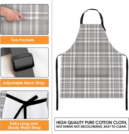 Britimes 2 Pack Aprons, Plaid Grid Geometric Adjustable Bib Aprons with 2 Pockets for Women Men Couple Lovers Chef Home Kitchen Cooking Baking Gardening Black Gray Apron 32x28 Inches