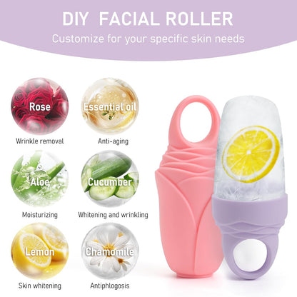 3 Pcs Facial Ice Roller Silicone Mold Reusable for Face Women and Eye Neck Cold Skin Care Tools Freezer De Puff Eye Bags Reduce Migraine Pain Pink 1 + Purple 2
